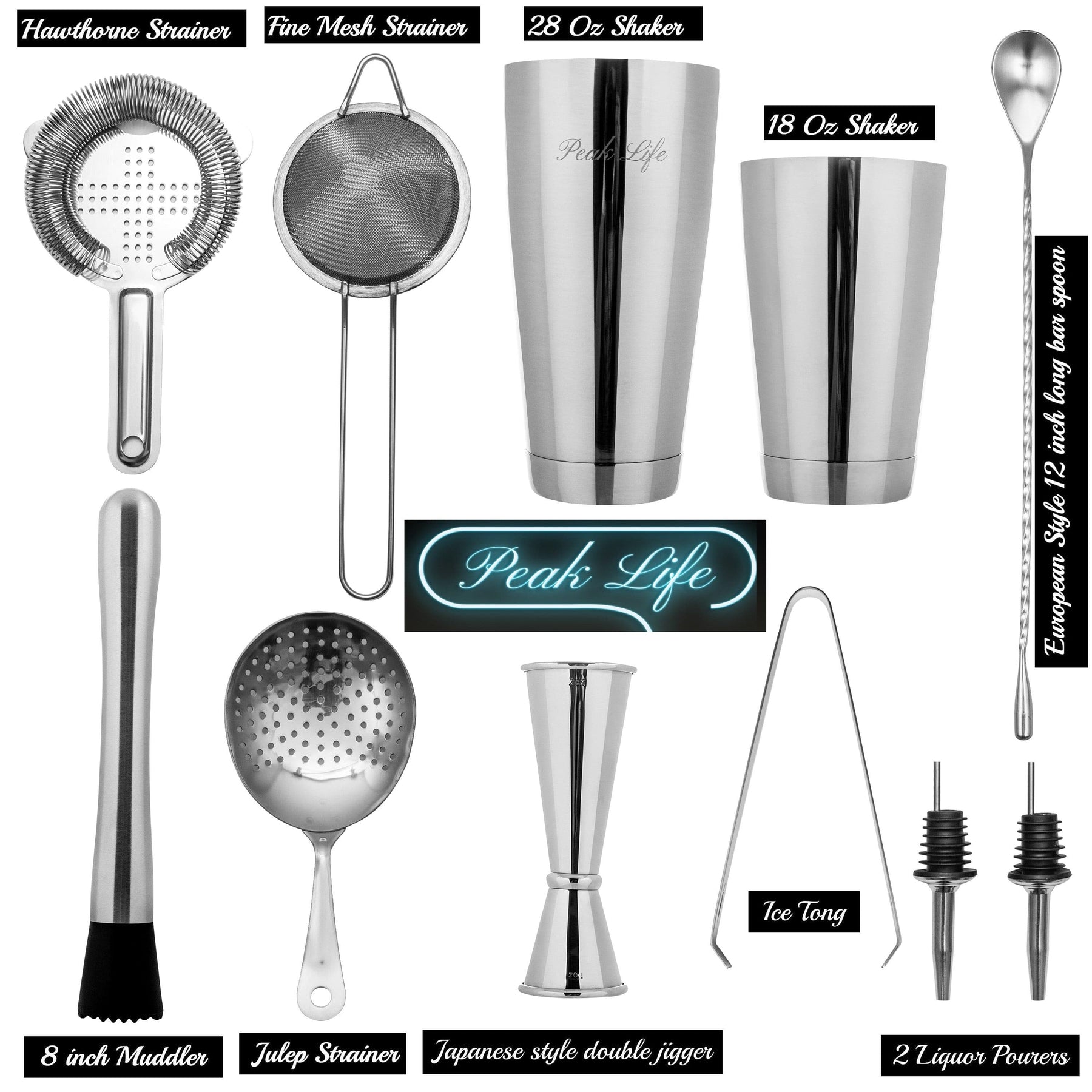 Personalized Boston Cocktail Shaker Professional Bartender Kit - Silver.