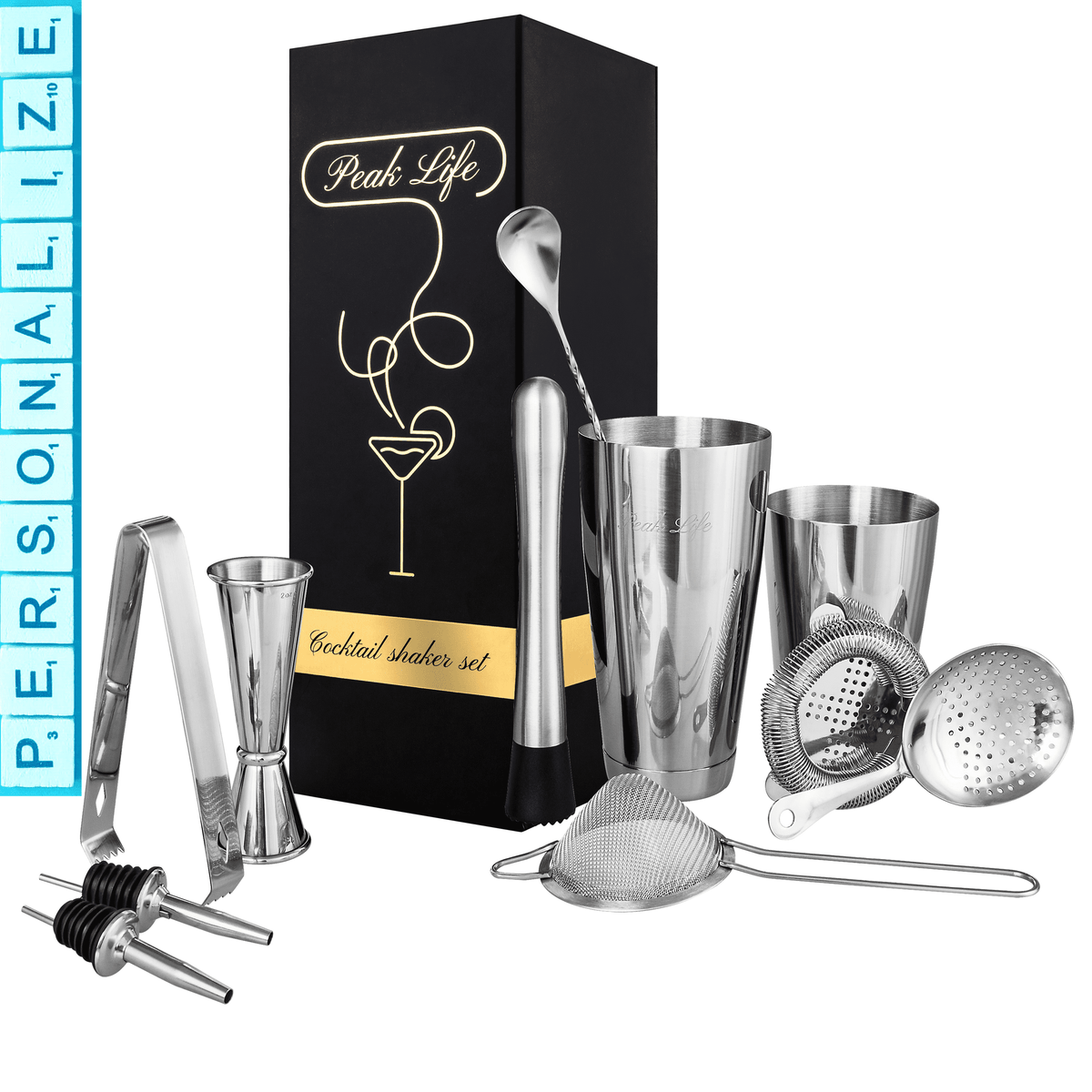 Personalized Boston Cocktail Shaker Professional Bartender Kit - Silver.